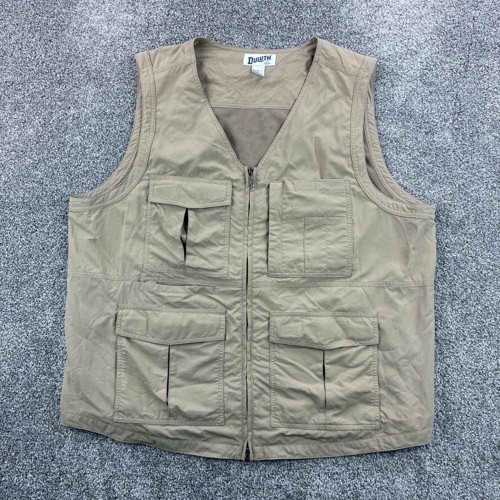 Duluth Trading Pocket Fool Work Vest Mens XL Tan Utility Travel Safari Fishing